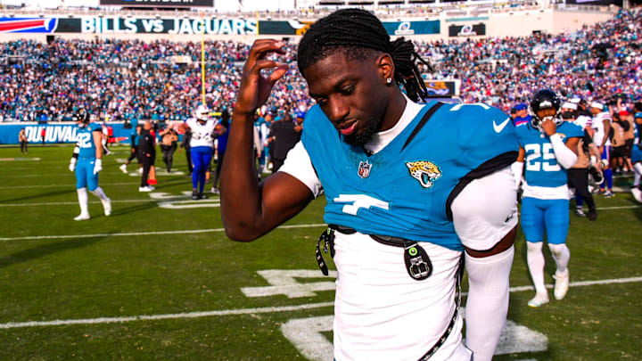 Jacksonville Jaguars wide receiver Brian Thomas Jr. (7) walks off the field after losing to the Bills during an NFL football AFC Wild Card playoff matchup, Sunday, Jan. 11, 2026, in Jacksonville, Fla. Bills lead 10-7 at the half over the Jaguars. The Bills defeated the Jaguars 27-24. [Doug Engle/Florida Times-Union]