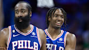 Apr 4, 2023; Philadelphia, Pennsylvania, USA; Philadelphia 76ers guard Tyrese Maxey (0) celebrates with Philadelphia 76ers guard James Harden (1) after a score against the Boston Celtics during the fourth quarter at Wells Fargo Center. Mandatory Credit: Bill Streicher-Imagn Images