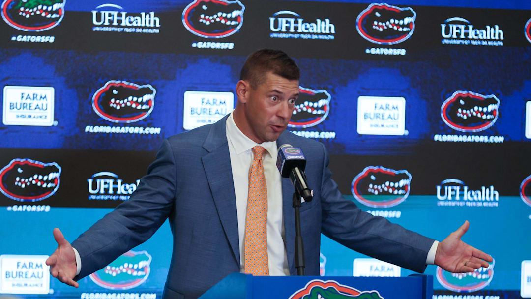 New UF head football coach Jon Sumrall speaks during a press conference at the James W. “Bill” Heavener Football Training Center in Gainesville, FL on Monday, December 1, 2025. [Alan Youngblood/Gainesville Sun]