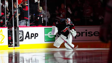 May 9, 2024; Raleigh, North Carolina, USA; Carolina Hurricanes goaltender Pyotr Kochetkov (52) comes out onto the ice before the game against the New York Rangers in game three of the second round of the 2024 Stanley Cup Playoffs at PNC Arena. Mandatory Credit: James Guillory-Imagn Images