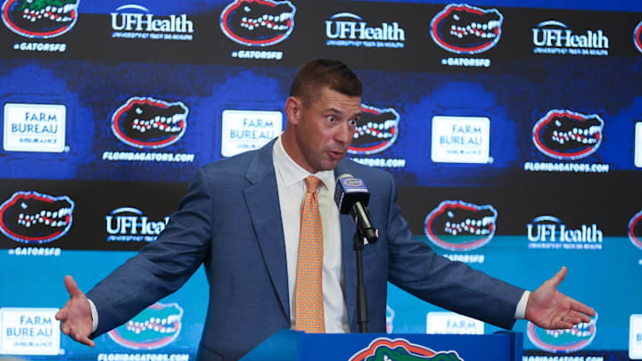 New UF head football coach Jon Sumrall speaks during a press conference at the James W. “Bill” Heavener Football Training Center in Gainesville, FL on Monday, December 1, 2025. [Alan Youngblood/Gainesville Sun]
