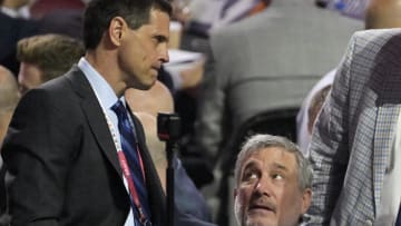 Jul 8, 2022; Montreal, Quebec, CANADA; Boston Bruins general manager Don Sweeney (left) and president Cam Neely discuss during the second round of the 2022 NHL Draft at the Bell Centre. Mandatory Credit: Eric Bolte-USA TODAY Sports