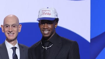 Jun 25, 2025; Brooklyn, NY, USA;  VJ Edgecombe stands with NBA commissioner Adam Silver after being selected as the third pick by the Philadelphia 76ers in the first round of the 2025 NBA Draft at Barclays Center. Mandatory Credit: Brad Penner-Imagn Images