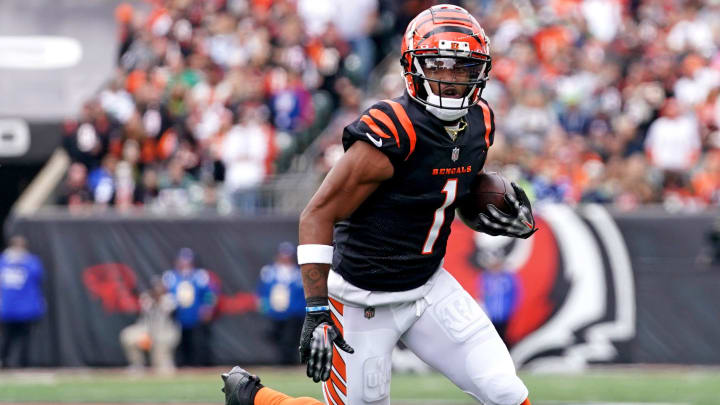 Cincinnati Bengals wide receiver Ja'Marr Chase (1) turns downfield after completing a catch in the first quarter during an NFL football game between the Seattle Seahawks and the Cincinnati Bengals Sunday, Oct. 15, 2023, at Paycor Stadium in Cincinnati.