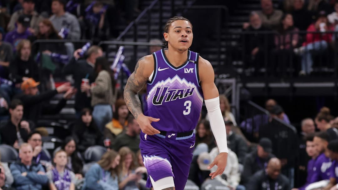 Jan 24, 2026; Salt Lake City, Utah, USA;  Utah Jazz guard Keyonte George (3) dribbles the ball up the court during the second half against the Miami Heat at Delta Center. Mandatory Credit: Chris Nicoll-Imagn Images