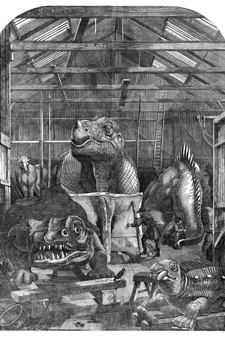 The 'Extinct Animals' model room at Crystal Palace, Sydenham, 1853.