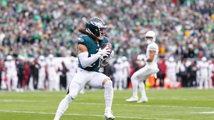 Philadelphia Eagles safety Sydney Brown (21) intercepts a pass and returns for a  99 yard touchdown against the Arizona Cardinal