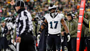 Philadelphia Eagles linebacker Nakobe Dean (17) reacts after linebacker Jihaad Campbell is penalized for pass interference against the Green Bay Packers on Monday, November 10, 2025, at Lambeau Field in Green Bay, Wis. The Eagles won the game, 10-7.