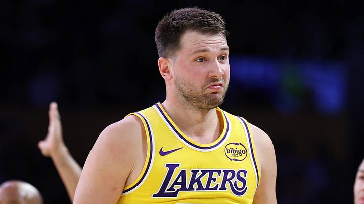 LOS ANGELES, CALIFORNIA - FEBRUARY 20: Luka Doncic #77 of the Los Angeles Lakers reacts after scoring. (Photo by Luiza Moraes/Getty Images)