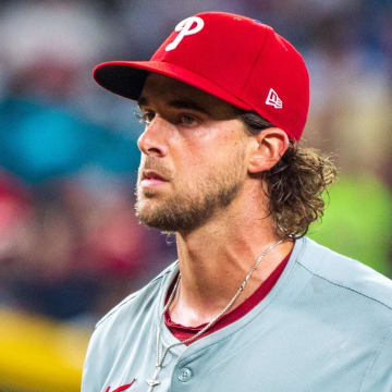 Aug 10, 2024; Phoenix, Arizona, USA; Philadelphia Phillies pitcher Aaron Nola (27) on the mound in the fourth inning for a game against the Arizona Diamondbacks at Chase Field