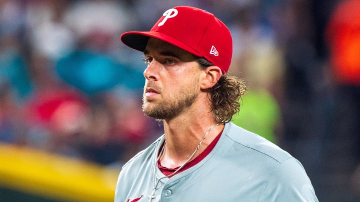 Aug 10, 2024; Phoenix, Arizona, USA; Philadelphia Phillies pitcher Aaron Nola (27) on the mound in the fourth inning for a game against the Arizona Diamondbacks at Chase Field