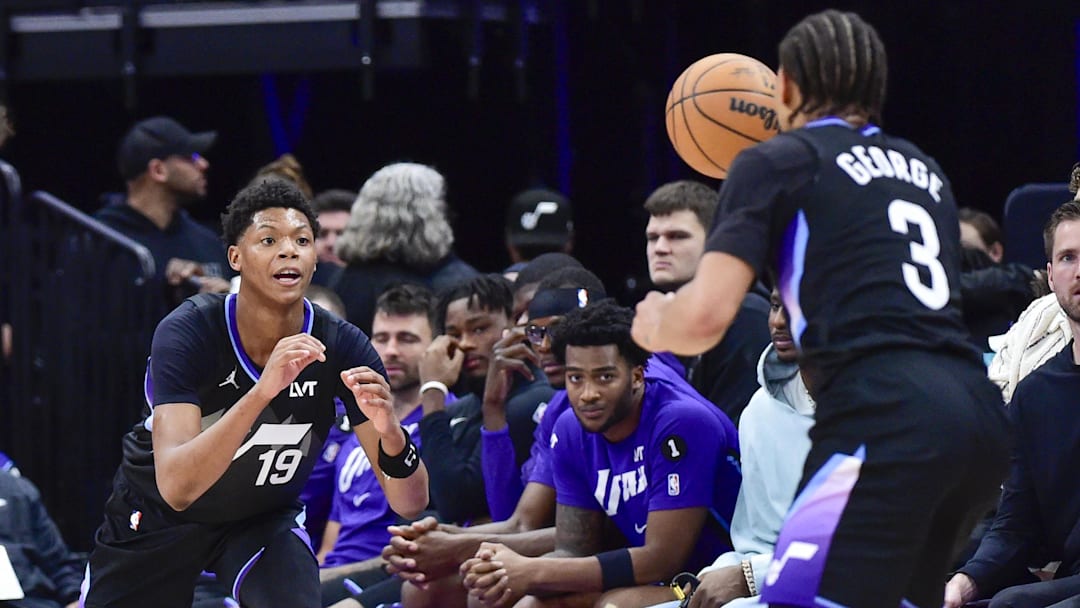 Mar 2, 2026; Salt Lake City, Utah, USA; Utah Jazz forward Ace Bailey (19) looks for a quick pass from Utah Jazz guard Keyonte George (3) during the second half against the Denver Nuggets at Delta Center. Mandatory Credit: Peter Creveling-Imagn Images