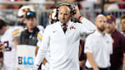 Minnesota Golden Gophers head coach P.J. Fleck watches during the NCAA football game against the Ohio State Buckeyes at Ohio Stadium in Columbus on Oct. 4, 2025. Ohio State won 42-3.