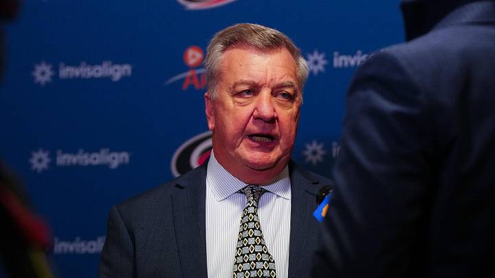 Jan 11, 2024; Raleigh, North Carolina, USA; Carolina Hurricanes general manger Don Waddell talks to the press between the 1st and 2nd period against the Anaheim Ducks at PNC Arena. Mandatory Credit: James Guillory-Imagn Images