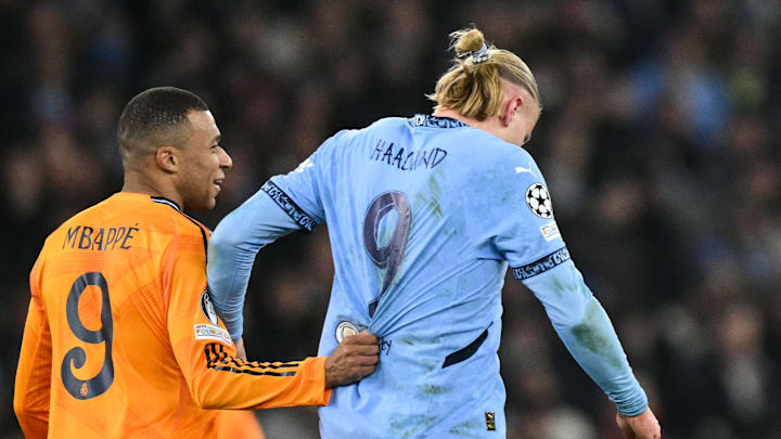 Kylian Mbappé et Erling Haaland lors de Manchester City - Real Madrid. Kylian Mbappé et Erling Haaland lors de Manchester City - Real Madrid.