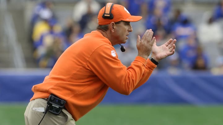 Oct 23, 2021; Pittsburgh, Pennsylvania, USA;  Clemson Tigers head coach Dabo Swinney reacts on the sidelines against the Pittsburgh Panthers during the second quarter at Heinz Field.