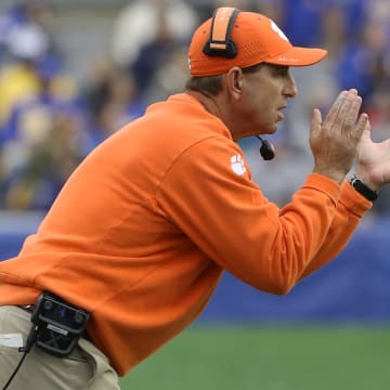 Oct 23, 2021; Pittsburgh, Pennsylvania, USA;  Clemson Tigers head coach Dabo Swinney reacts on the sidelines against the Pittsburgh Panthers during the second quarter at Heinz Field.