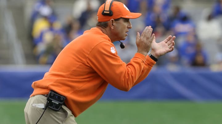 Oct 23, 2021; Pittsburgh, Pennsylvania, USA;  Clemson Tigers head coach Dabo Swinney reacts on the sidelines against the Pittsburgh Panthers during the second quarter at Heinz Field.