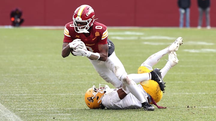 Nov 1, 2025; Ames, Iowa, USA; Iowa State Cyclones wide receiver Chase Sowell (0) catches a pass against the Arizona State Sun Devils during the second half at Jack Trice Stadium. Mandatory Credit: Reese Strickland-Imagn Images