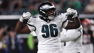 Aug 7, 2025; Philadelphia, Pennsylvania, USA; Philadelphia Eagles defensive tackle Gabe Hall (96) reacts against the Cincinnati Bengals at Lincoln Financial Field.