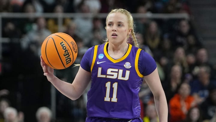 Apr 1, 2024; Albany, NY, USA; LSU Lady Tigers guard Hailey Van Lith (11) controls the ball vs. Iowa.