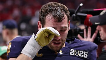Notre Dame Fighting Irish linebacker Jack Kiser (24) reacts after losing against the Ohio State Buckeyes in the CFP National Championship