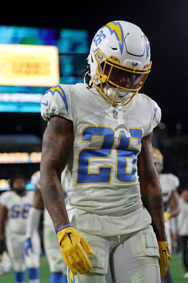 Los Angeles Chargers cornerback Asante Samuel Jr. reacts after the Chargers lost to the Jacksonville Jaguars