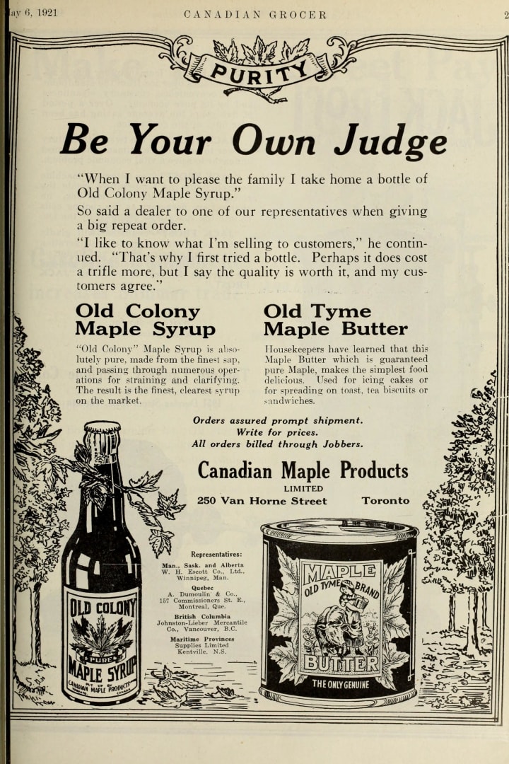 a newspaper advertisement showing an illustration of Old Colony maple syrup in a glass bottle (no handle)