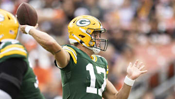 Aug 10, 2024; Cleveland, Ohio, USA; Green Bay Packers quarterback Michael Pratt (17) throws the ball against the Cleveland Browns during the third quarter at Cleveland Browns Stadium.