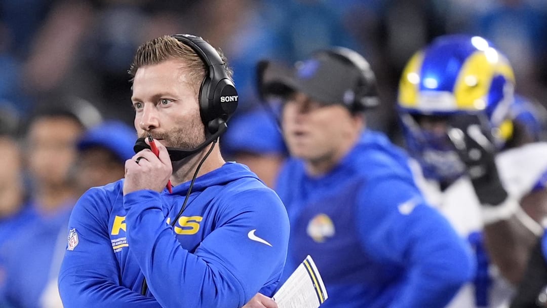 Jan 10, 2026; Charlotte, NC, USA; Los Angeles Rams head coach Sean McVay in the first half during the NFC Wild Card Round game at Bank of America Stadium. Mandatory Credit: Jim Dedmon-Imagn Images