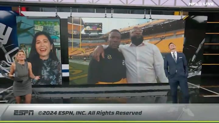 The NFL Live crew reacts to Marcus Spears throwing a football 54 yards. The NFL Live crew reacts to Marcus Spears throwing a football 54 yards.