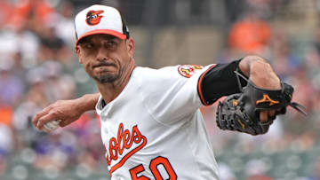 Jul 10, 2025; Baltimore, Maryland, USA;  Baltimore Orioles pitcher Charlie Morton (50) delivers in the first inning  against the New York Mets  at Oriole Park at Camden Yards