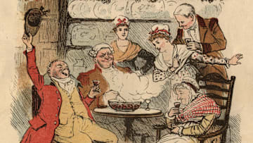 Illustration of people enjoying wassail, circa 1800.