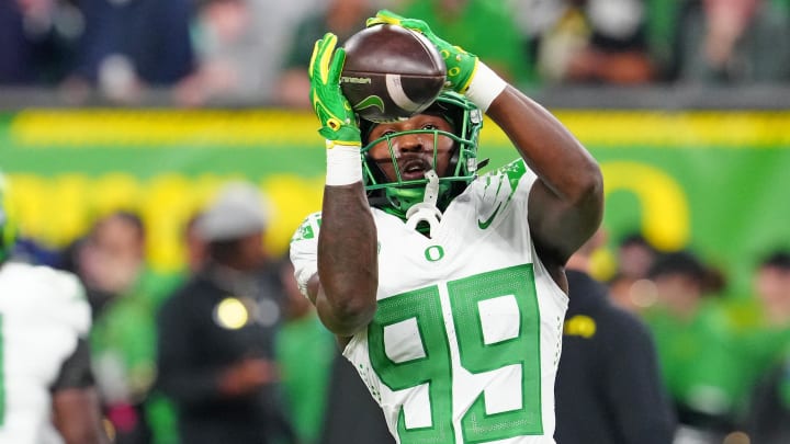 Dec 1, 2023; Las Vegas, NV, USA; Oregon Ducks wide receiver Jurrion Dickey (99) warms up before a game against the Washington Huskies at Allegiant Stadium. Mandatory Credit: Stephen R. Sylvanie-USA TODAY Sports