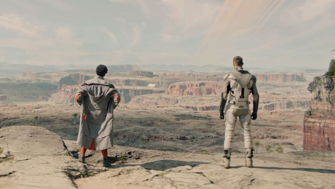 Noma Dumezweni and Alexander Skarsgård in "Murderbot," now streaming on Apple TV+.