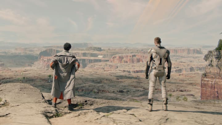 Noma Dumezweni and Alexander Skarsgård in "Murderbot," now streaming on Apple TV+.