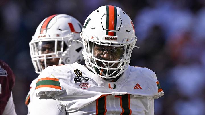 Dec 20, 2025; College Station, TX, USA; Miami Hurricanes defensive lineman David Blay Jr. (11) looks on during the game between the Aggies and the Hurricanes at Kyle Field. Mandatory Credit: Jerome Miron-Imagn Images
