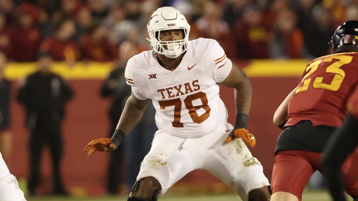 Nov 18, 2023; Ames, Iowa, USA; Texas Longhorns offensive lineman Kelvin Banks Jr. (78) plays against the Iowa State Cyclones at Jack Trice Stadium.