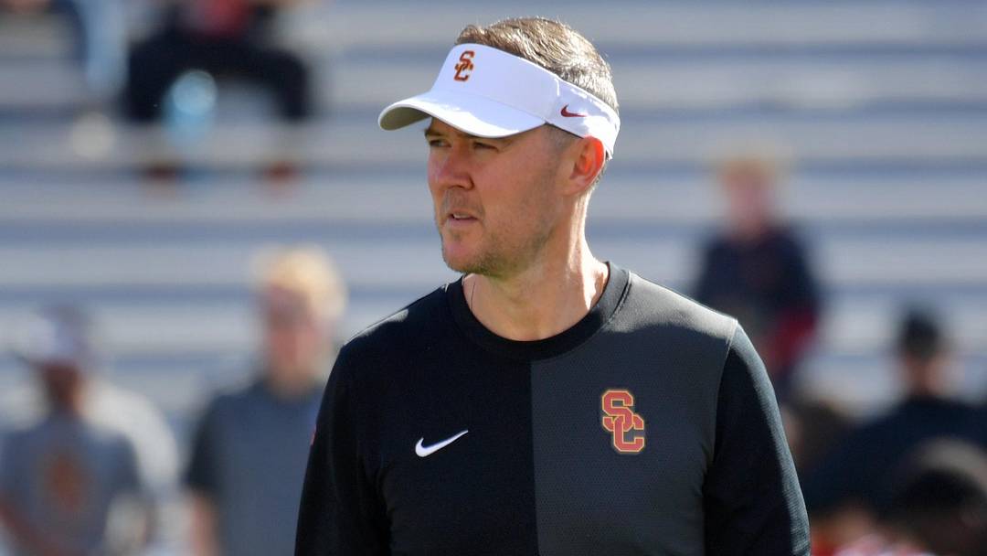 Sep 27, 2025; Champaign, Illinois, USA;  Southern California Trojans head coach Lincoln Riley before an NCAA football game with the Illinois Fighting Illini at Memorial Stadium. Mandatory Credit: Ron Johnson-Imagn Images