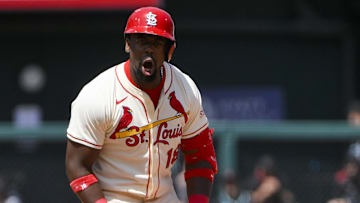 May 24, 2025; St. Louis, Missouri, USA;  St. Louis Cardinals right fielder Jordan Walker (18) reacts after hitting a two run double against the Arizona Diamondbacks during the seventh inning at Busch Stadium. Mandatory Credit: Jeff Curry-Imagn Images