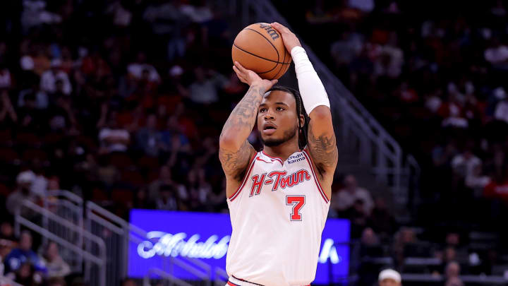 Apr 9, 2024; Houston, Texas, USA; Houston Rockets forward Cam Whitmore (7) shoots a three-point shot against the Orlando Magic during the second quarter at Toyota Center. Mandatory Credit: Erik Williams-USA TODAY Sports