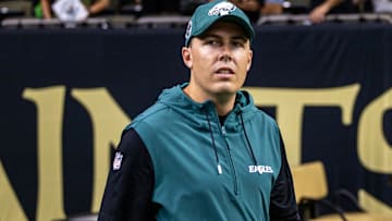 Philadelphia Eagles offensive coordinator Kellen Moore looks on during warmups before the game against the New Orleans Saints at Caesars Superdome.