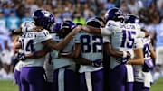 TCU wide receivers gather before kickoff against the UNC Tar Heels in Chapel Hill, North Carolina.