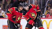 Oct 27, 2025; Ottawa, Ontario, CAN; Ottawa Senators center Tim Stutzle (18) and right wing Drake Batherson (19) follow the puck in the first period against the Boston Bruins at the Canadian Tire Centre. Mandatory Credit: Marc DesRosiers-IMAGN Images