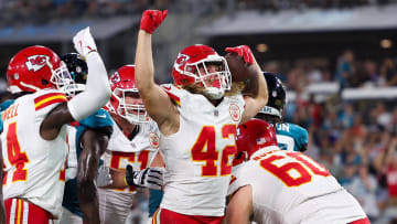 Aug 10, 2024; Jacksonville, Florida, USA; Kansas City Chiefs running back Carson Steele (42) celebrates after scoring a touchdown against the Jacksonville Jaguars in the second quarter during preseason at EverBank Stadium. Mandatory Credit: Nathan Ray Seebeck-USA TODAY Sports