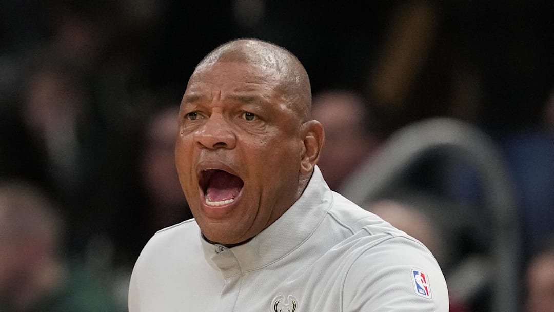 Milwaukee Bucks head coach Doc Rivers calls out during the first quarter against the Cleveland Cavaliers at Fiserv Forum on February 25, 2206.