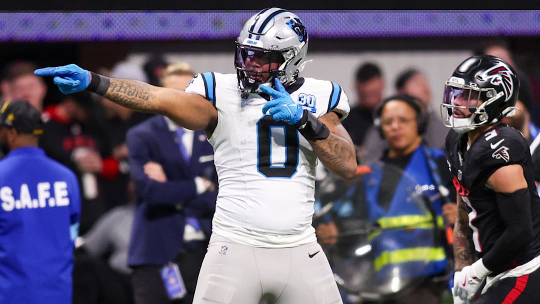 Jan 5, 2025; Atlanta, Georgia, USA; Carolina Panthers tight end Ja'Tavion Sanders (0) reacts after a first down against the Atlanta Falcons in the fourth quarter at Mercedes-Benz Stadium. Mandatory Credit: Brett Davis-Imagn Images