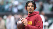 Washington Commanders quarterback Jayden Daniels during warmups against the Philadelphia Eagles.