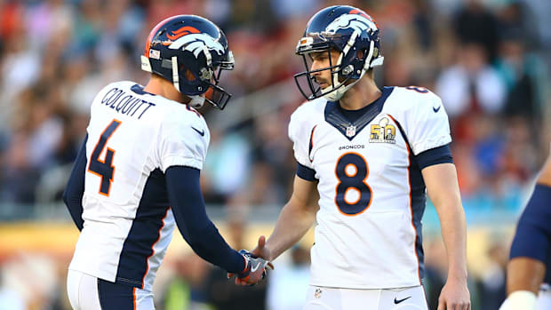 Denver Broncos punter Britton Colquitt (4) celebrates a field goal with kicker Brandon McManus (8) in Super Bowl 50.