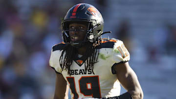 Nov 19, 2022; Tempe, Arizona, USA; Oregon State Beavers defensive back Skyler Thomas (19) against the Arizona State Sun Devils at Sun Devil Stadium. Mandatory Credit: Mark J. Rebilas-Imagn Images